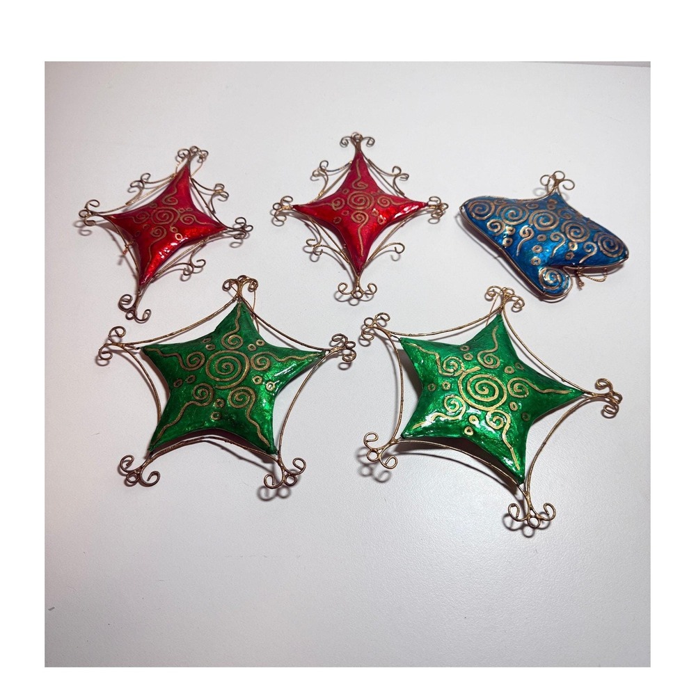 Christmas Decor Capiz Star Ornament 5 Pieces Gold Spirals Swirls Red Green Blue